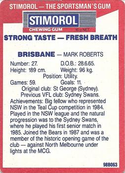 1990 AFL Scanlens Stimorol #110 Mark Roberts Back